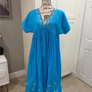 Blue Hand Embroidered Maxi Dress 100% cotton